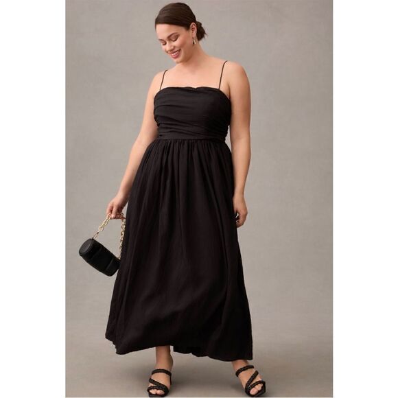 NEW Anthropologie Lorelei Ruched-Bodice Pleated Vintage Black Midi Dress Small - Picture 8 of 8